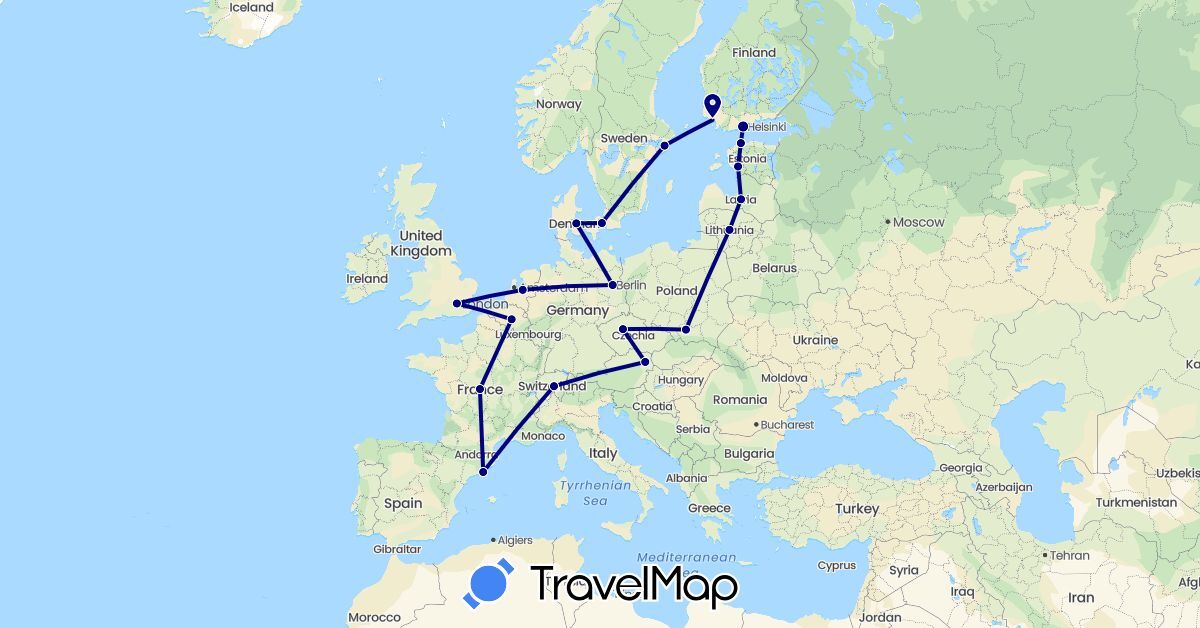 TravelMap itinerary: driving in Austria, Belgium, Switzerland, Czech Republic, Germany, Denmark, Estonia, Spain, Finland, France, United Kingdom, Lithuania, Latvia, Netherlands, Poland, Sweden (Europe)